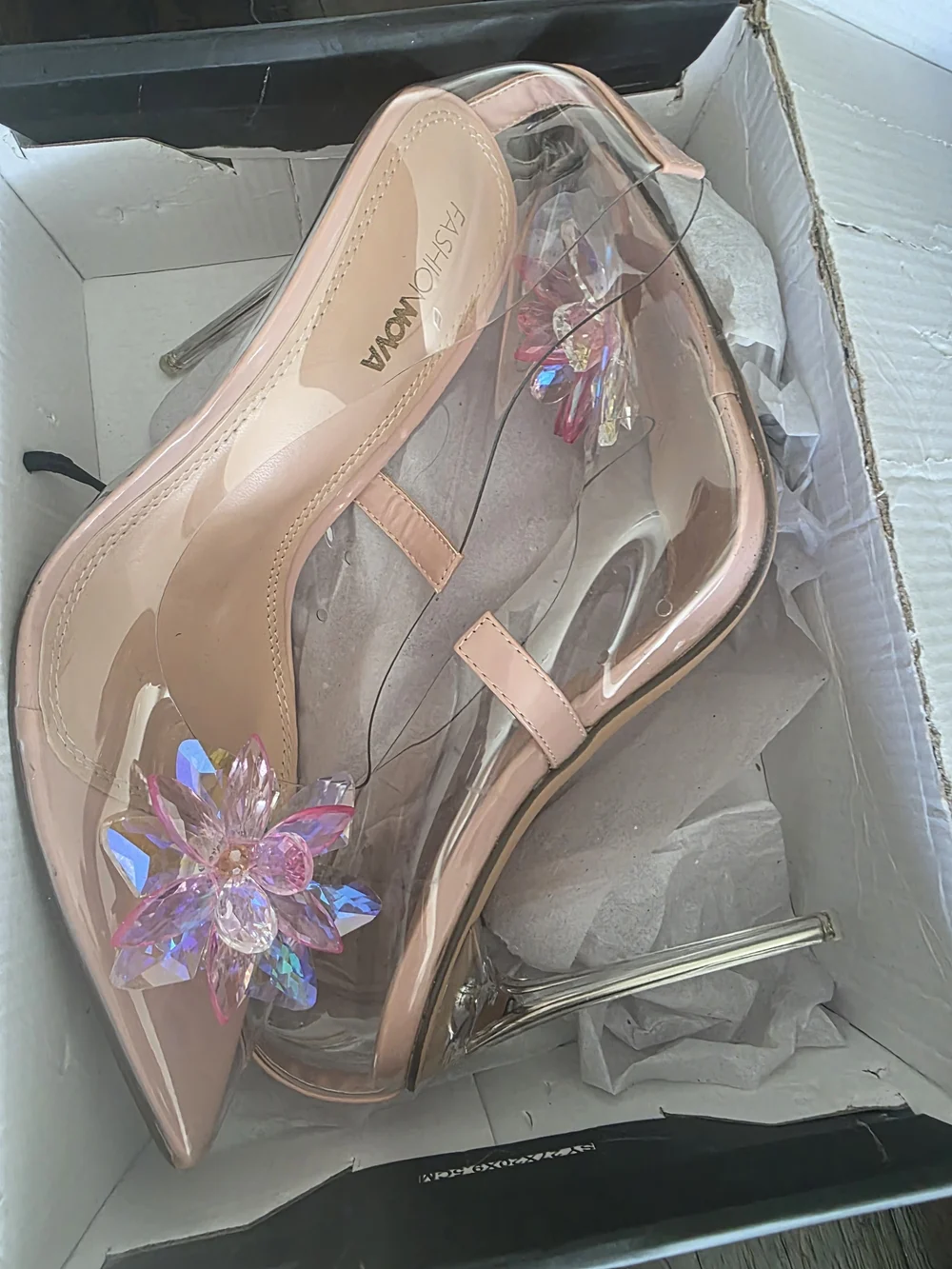Clear PVC Pointed-Toe Pumps with Pink Floral Accent - Women